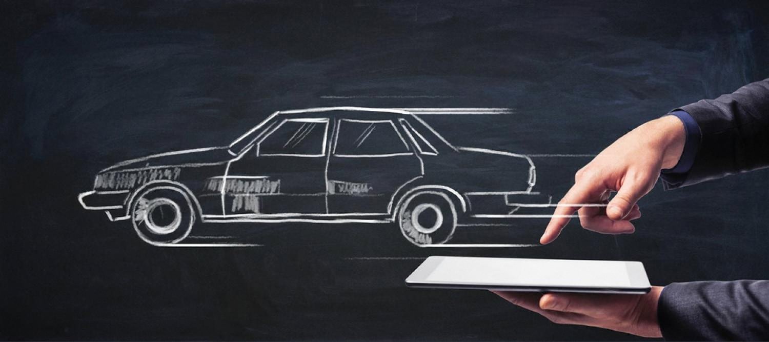 Hand pointing to a tablet showing a car sketch, illustrating online car selection